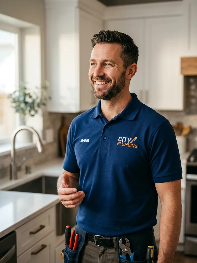 Smiling Houston plumber looking left directly at the headline copy